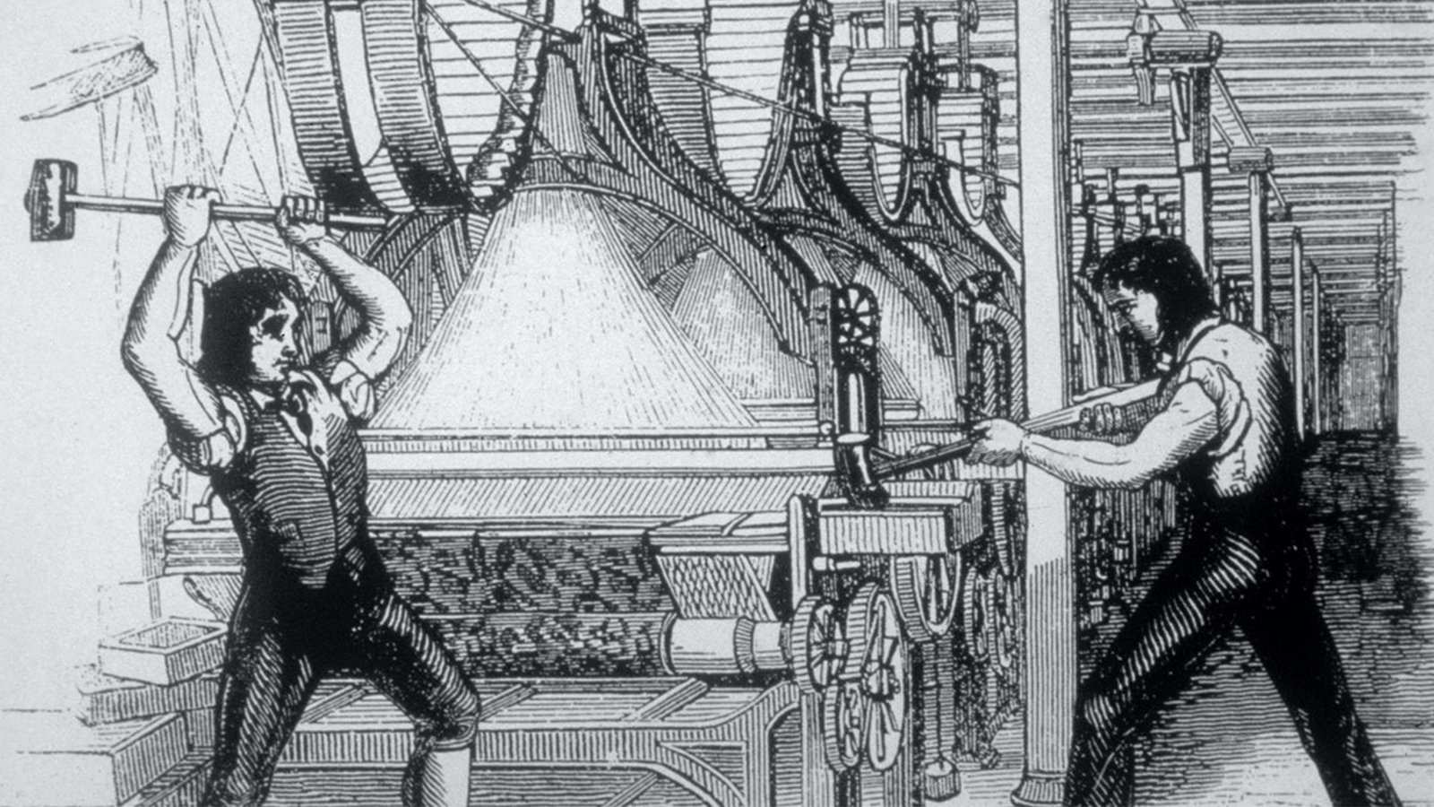 luddite history, old illustration of two men working in a factory, one holding a hammer up high